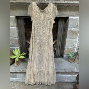 Pisarro Nights Beaded Champagne Evening Gown, Short Sleeve